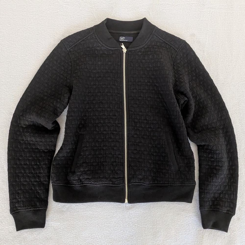 GAP Women’s Bomber Jacket Size M Black Textured Zip Up Long Sleeve Cotton Blend